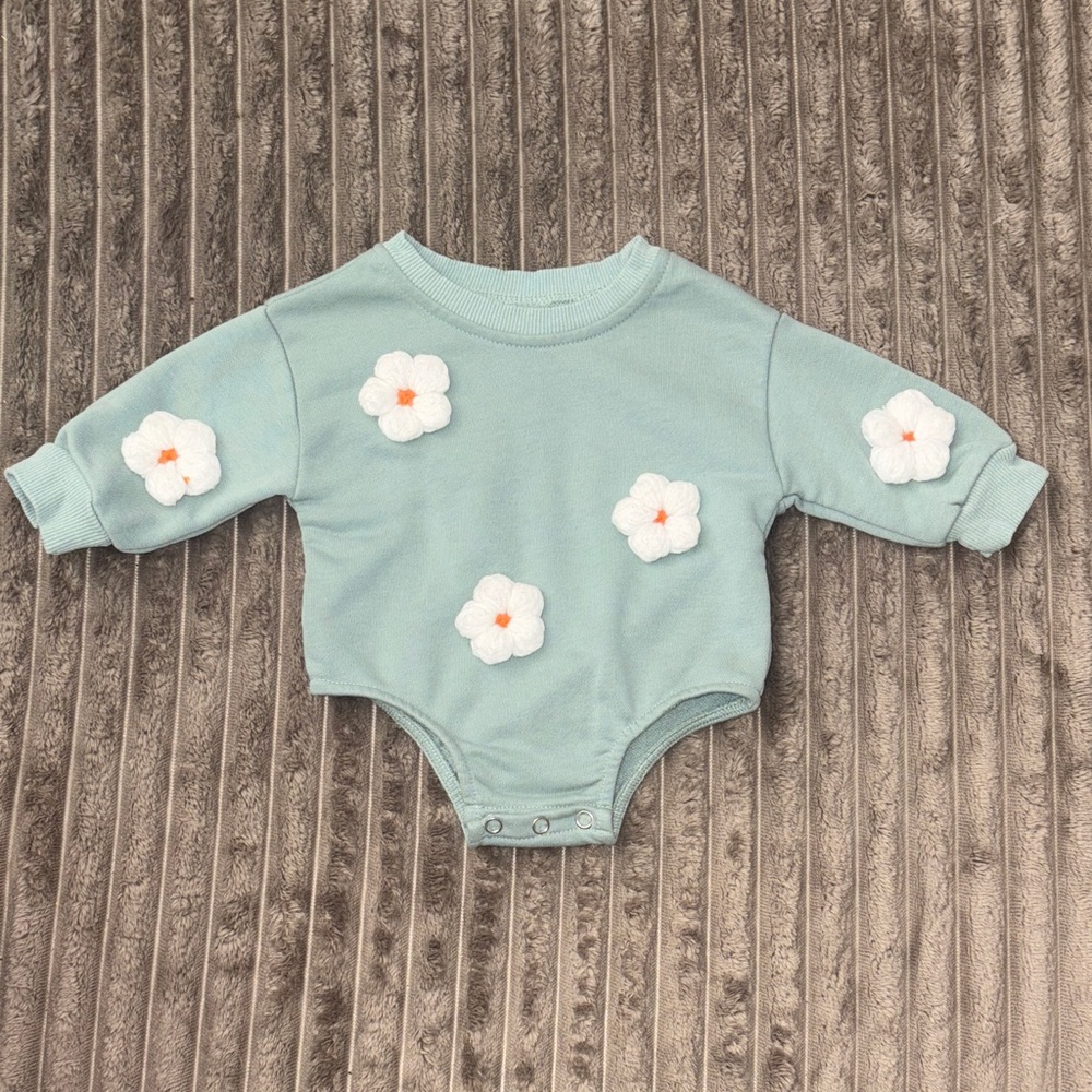 🌼 Baby Girl Mint Knit Sweater Romper 3D Crochet Flowers Cozy Outfit 0-3M